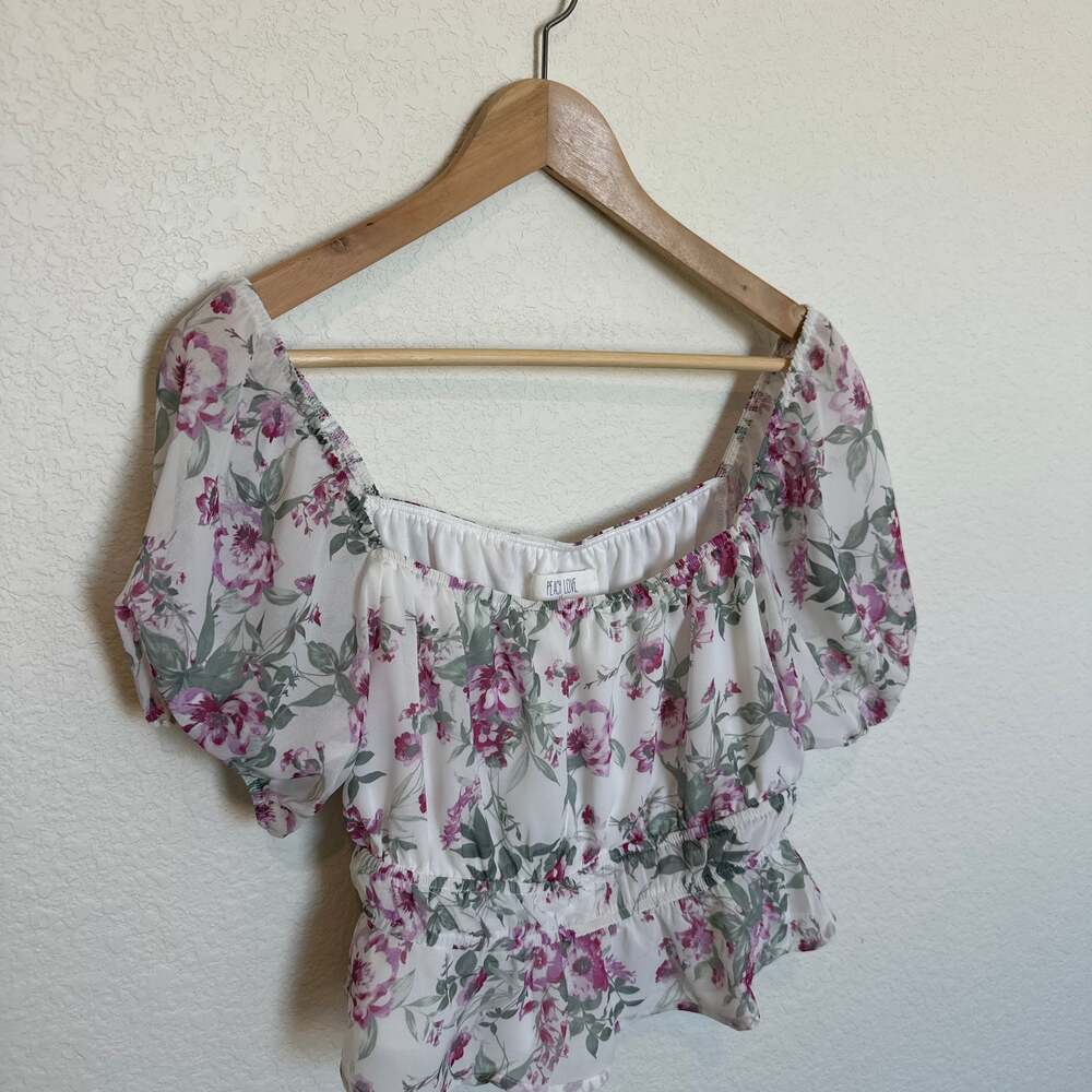 Peach Love White and Pink Floral Puff Sleeve Smocked Chiffon Peplum Top